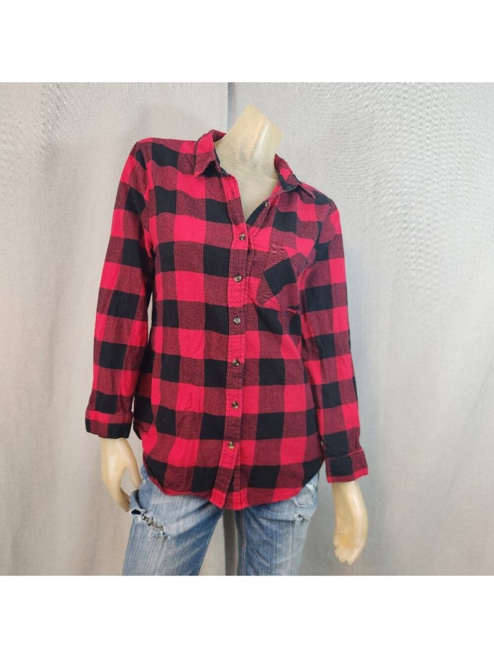 Socialite Red Black Buffalo Plaid Flannel Button Front Top Shirt Blouse LARGE